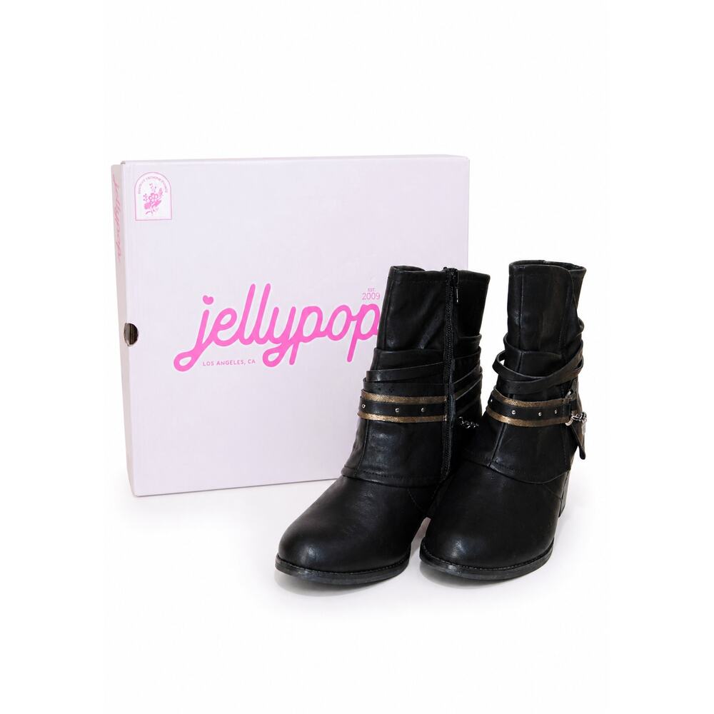 Jellypop Rhory Ankle Boots Black Women’s Boho Studded Strap Chain Side Zip Boot